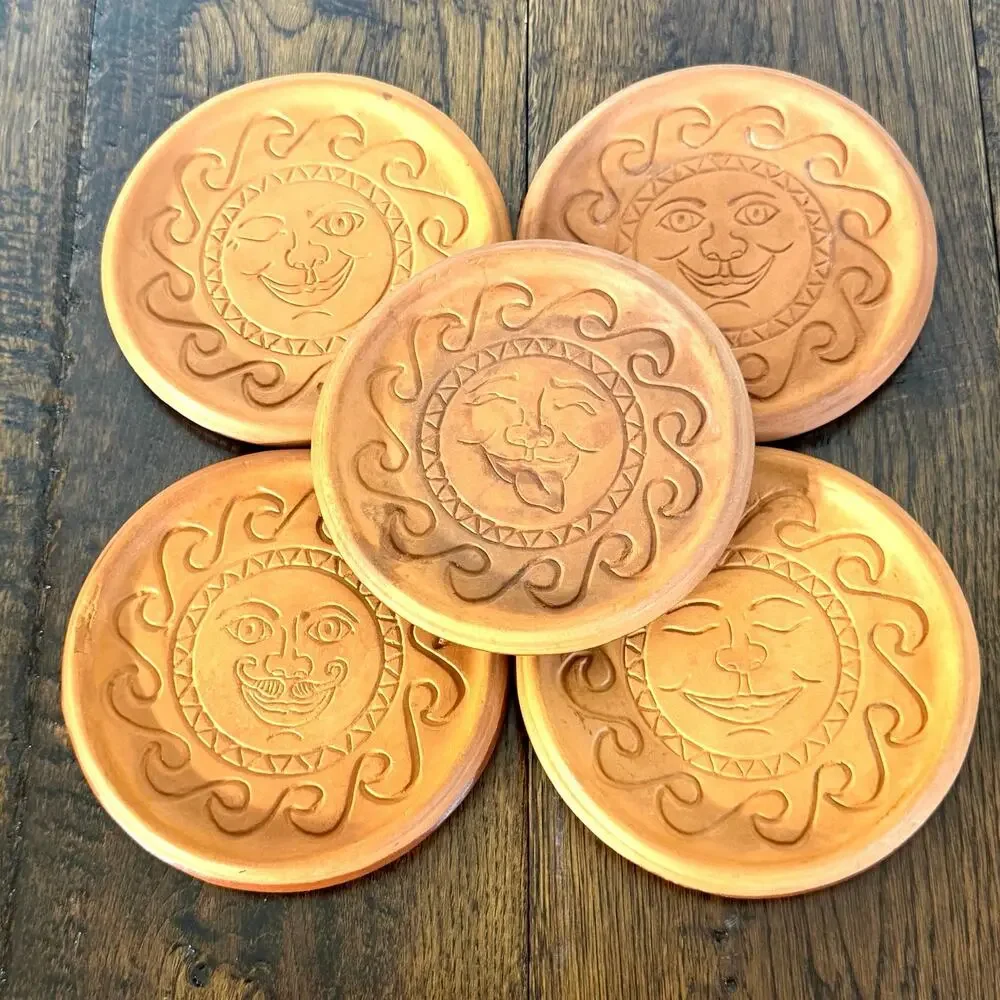 Vintage Wieland Ware Celestial Sun Terracotta Coasters Set of 5 | Sun Face Decor